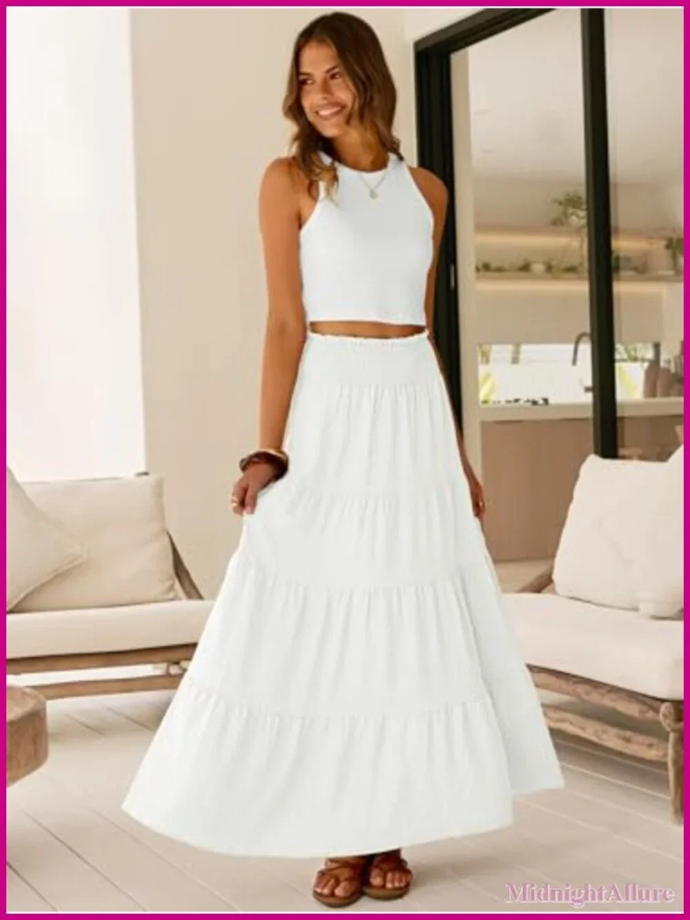 Elastic High Waist A-Line Tiered Maxi Skirt, Flowy Boho with Pockets